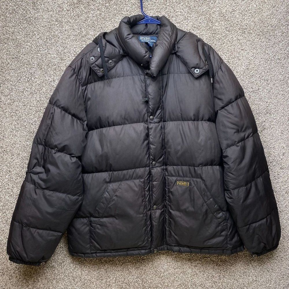 Ralph Lauren Polo Down Puffer Winter Jacket Mens XL Black Full Zip Snap Hood